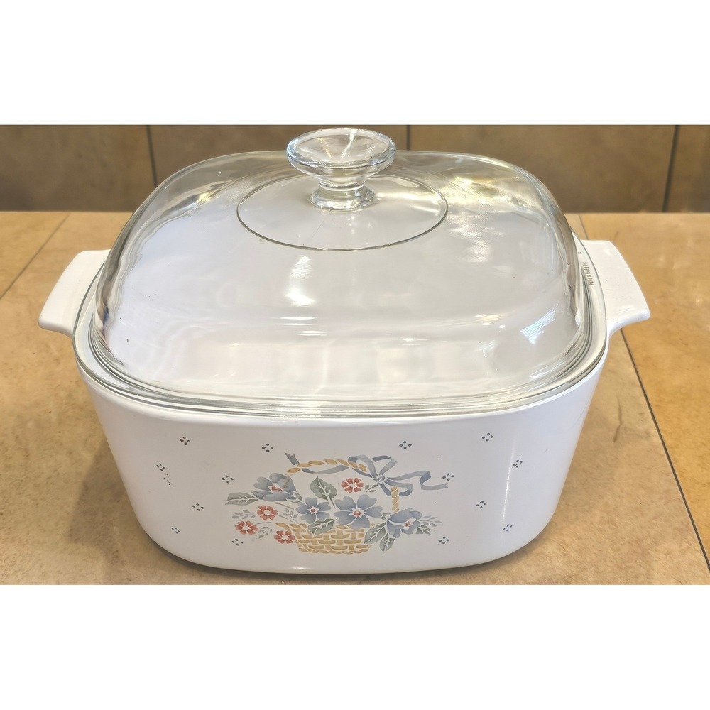 Corning Ware Casserole Dish with Glass Lid Floral Basket Pattern White 5 Litter‎